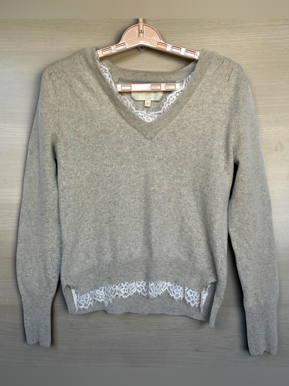Brochu Walker Sweater Lace Trim  Wool Cashmere V-Neck Layered Sz Small
